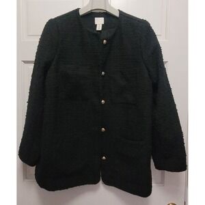 H&M Women's Textured Boucle Fabric Collarless Button Jacket - Black - XL